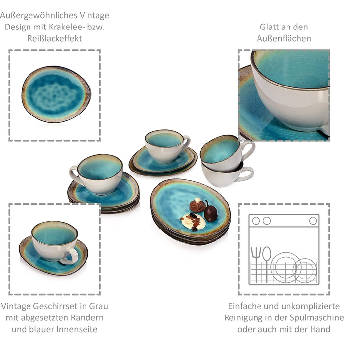 Sänger | Capri Stoneware Coffee Set, Coffee Cup Set for 4 People, Coffee Mugs, Coasters, Plates, 12-Piece Coffee Cup Sets, Stoneware Mug Coffee Set | PREMIUM COLLECTION 12-Piece Coffee Set