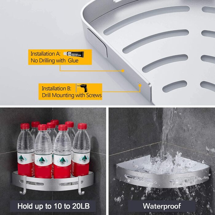 Hoomtaook Shower Shelf No Drilling Corner, Bathroom Shelf Shower Shelf Aluminum Shower Basket Bathroom Accessories Matte Finish Shower Baskets & Shower Shelves Bathroom Shelf 2 Pack with Hooks Silver
