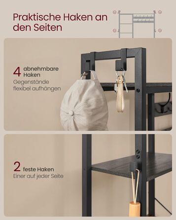VASAGLE Coat Rack with Shoe Bench, Wardrobe, 5 Shelf Levels made of Particleboard, 9 Triple Hooks, 6 Side Hooks, 40 x 120 x 190 cm, Stone Grey-Ink Black HSR426B04
