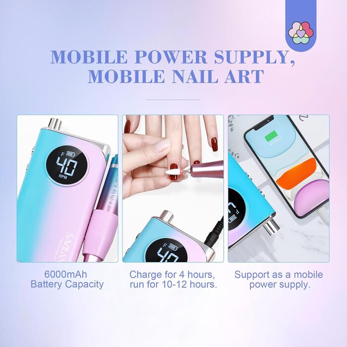 Електричний апарат для манікюру та педикюру Saviland 12 в 1, 40000 обертів/хв, USB, з набором фрез, блакитно-фіолетовий градієнт