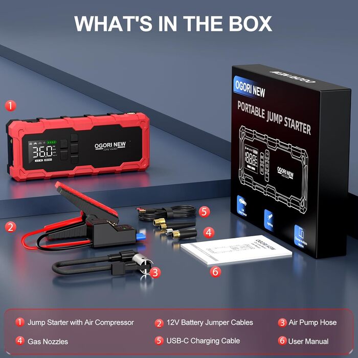 Powerbank для автомобіля Starthilfe з компресором та LED-ліхтариком, 6000A, 12V, для 8L бензину/10L дизеля