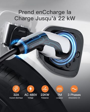 Кабель зарядки Tomons для електромобілів, 32A, 3-фазний, Тип 2, з чохлом та мікрофіброю, сумісний з Tesla Model S/3/X/Y, Volkswagen ID.3, ID.4 (22kW, 7м)