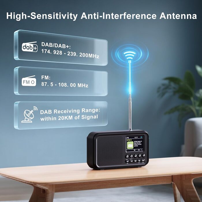 Портативне DAB/DAB+ радіо з Bluetooth 5.0, FM, акумулятором 3000mAh, дисплеєм 2.4
