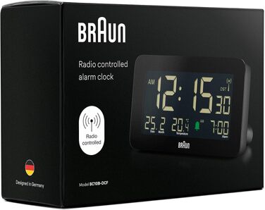 Радіокерований цифровий будильник Braun BC10B-DCF з дисплеєм температури, дати та місяця, негативний LCD-екран, чорний