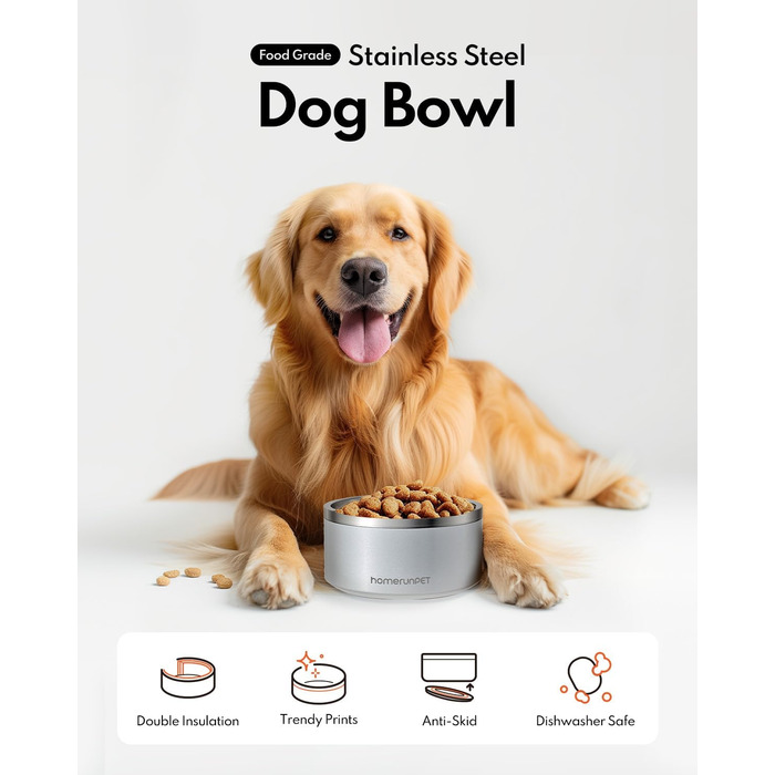 Миска для собак HomeRunPet з нержавіючої сталі з гумовим дном, подвійна ізольована миска для їжі, довговічна, придатна для миття в посудомийній машині, для малих, середніх та великих собак (сталево-блакитний, 1л)