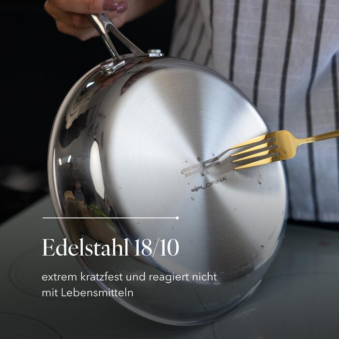Набір сковорідок Florina Bratpfannen з нержавіючої сталі (20, 24, 28 см) | 3 шт. | 3-шарова конструкція | Алюмінієвий сердечник | Для духовки | Ергономічна ручка | Дзеркальний блиск | Для всіх типів плит | Aristo