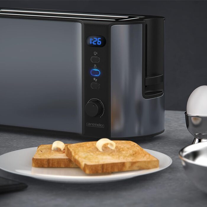 Arendo 2-Slice Toaster with Roll Holder - Long Slot Toaster - LCD Display with Remaining Time Display, Defrost Function, Bread Centering, Crumb Tray - Material Stainless Steel, Cool Grey A: Cool Grey