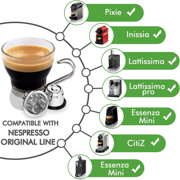 Багаторазові капсули Capmesso з нержавіючої сталі для кавомашин Nespresso OriginalLine, 6 шт. + 100 кришок + дерев'яна підставка