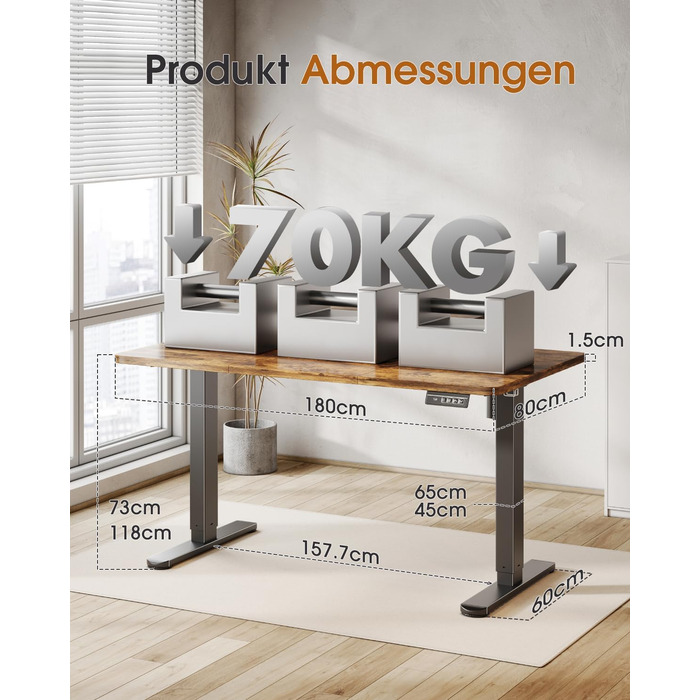Adjustable Height Standing Desk with Monitor Stand - Electric Ergonomic Desk, 120x60cm & 180x80cm White/Vintage Brown