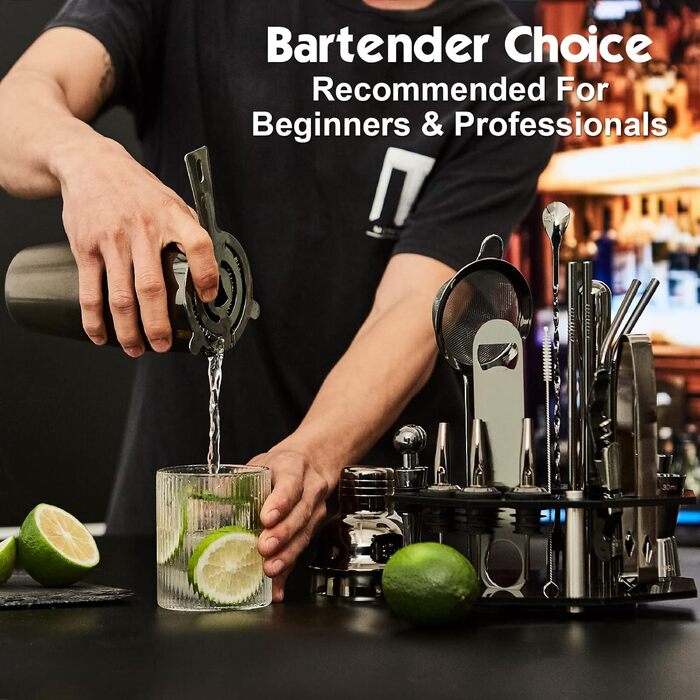 Набір для коктейлів 21 предмет | Набір шейкерів для коктейлів з обертовим підставкою | Шейкер з міцної нержавіючої сталі з аксесуарами | У комплекті стильна чорна подарункова коробка | Барний набір (Чорний)