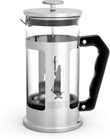 Bialetti Kaffeepresse Preziosa, French Press Filter for coffee or tea, housing made of stainless steel and container made of borosilicate glass, dishwasher safe, 1 Liter, 8 cups, Silver (350 ml (3 cups), Single)