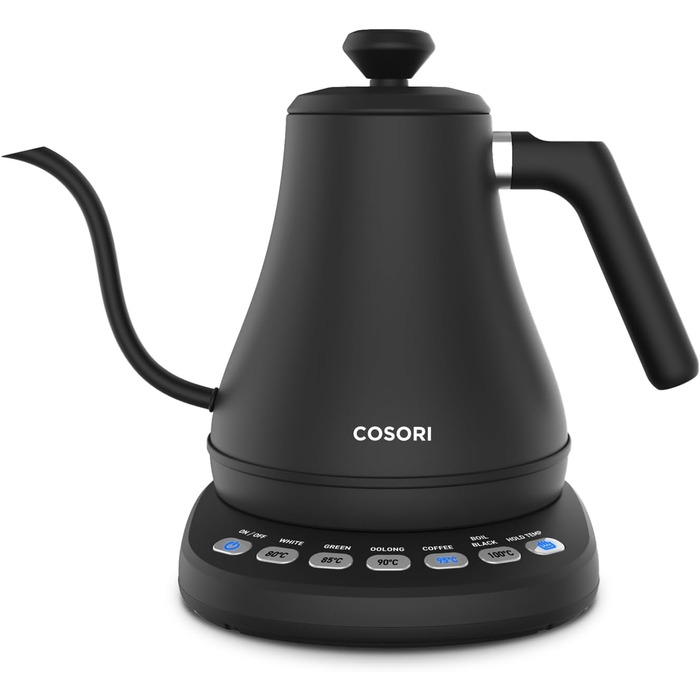 1.7 Liter Glass Kettle, Blue LED, BPA-free, 2200 Watt, 5-minute boiling time, overheat protection, 360° swivel base, Borosilicate glass kettle with stainless steel base and filter (Cosori Swan-neck Kettle)