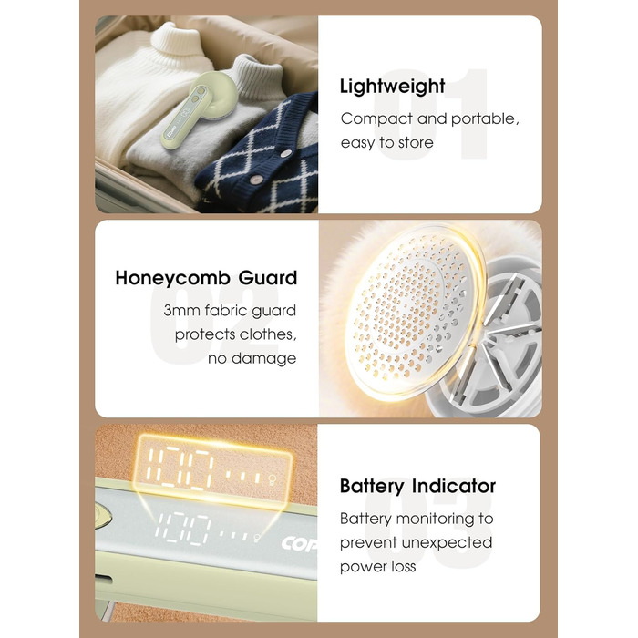 Електричний видалення ворсу COPPA: портативний пристрій для одягу з 6 лезами та 3 швидкостями, з індикатором заряду