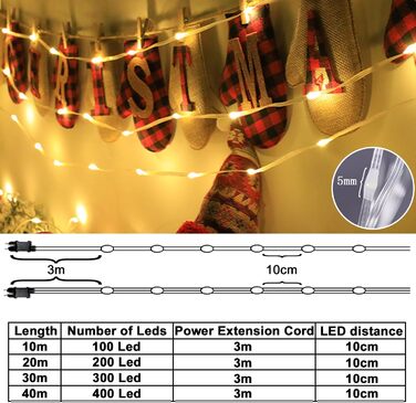 Гірлянда світлодіодна MOLVCE 10м, 100 LED, тепле біле світло, 8 режимів, вологостійка, з таймером, для декору