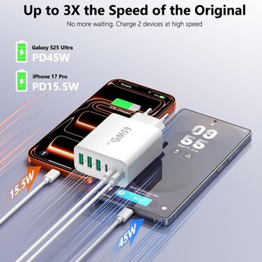 Зарядний пристрій USB-C 65W, 6 портів, мережевий адаптер для iPhone 17/16/15/14, iPad, Galaxy S25, планшетів та мобільних телефонів