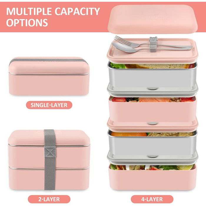 HOLIPOT Ланчбокс Bento Box з роздільниками, 2 рівні, з нержавіючої сталі та PP, з виделкою-ложкою, сумка, для дітей та дорослих (Рожевий)