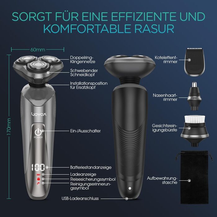 Електричний чоловічий верстат для гоління VOYOR TX410 (сірий) - ротаційний, мокрий/сухий, з LCD-дисплеєм та блокуванням від подорожей