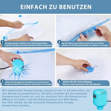 Kissleaf Vacuum Bags for Clothes and Bedding with Electric Pump, 15 Pieces, Travel, Quick Air Extraction, Space-Saving, Dust and Waterproof, Plus Size for More Compression
