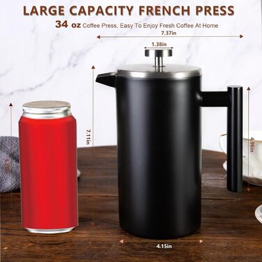 French Press Coffee Maker, 100 ml, large, insulated, robust premium stainless steel, 4-6 cup capacity, coffee press, French press plunger, teapot, black