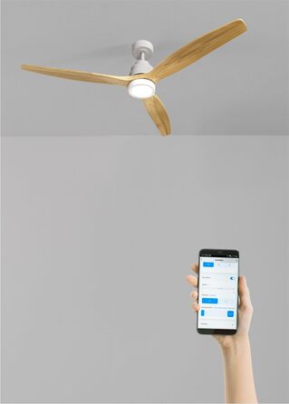 Вентилятор стельовий з підсвічуванням Windstylance Natural Wood L 152 см, білий, дерев'яні лопаті, WiFi, пульт, 6 швидкостей, літній/зимовий режим