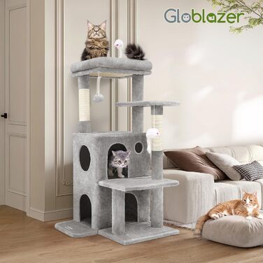 Драбина для котів Globlazer XL сірого кольору з будиночком, платформою та іграшками, 127 см, для великих котів та літніх тварин