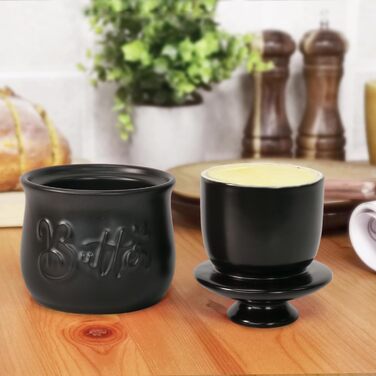 Ceramic butter dish, 156 ml, with water and butter dispenser, holder for spreadable butter, French butter crock with lid, butter container for kitchen countertop, black kitchen decoration