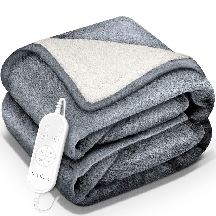Електрична ковдра Sinnlein® з автовимкненням 160 x 120 см | 9 температурних режимів | Ковдра для ліжка та дивана | Таймер, цифрова панель керування (180x130 см, світло-сіра)