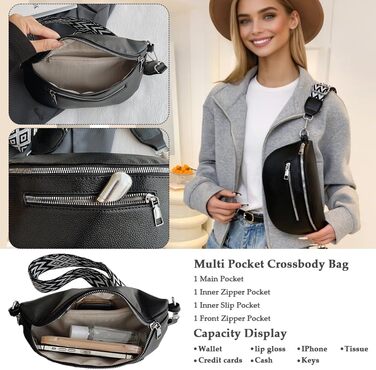 Жіноча сумка через плече з монетницею, шкіряна бананка, середнього розміру, з широким знімним ремінцем, поясна сумка для фестивалів, подорожей, повсякденного використання, біла (чорна)