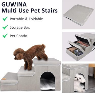 3-Step Dog Stairs, Foldable Pet Stairs for Sofa & Bed, Removable Pet Stairs Folding with Storage Box, Multifunctional Pet Ladder for Small Dogs Cats (Gray)