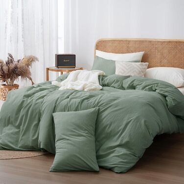 ATsense Bedding 135x200 cm Cotton 4-Piece, Bedding Sets Green ÖkoTex Certified with Linen-like Feel, Breathable, 2 Duvet Covers and 2 Pillowcases 80x80 cm 135 x 200 cm [4-Piece] Green