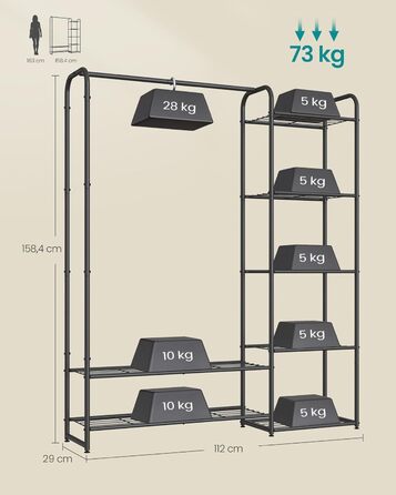 SONGMICS Clothes Rack, Open Closet, Clothes Rail, Coat Rack with Shelves, Metal Wardrobe, Freestanding, Matte Black LGR462B01