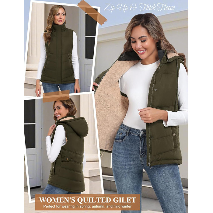 Жіноча жилетка Tuopuda з капюшоном, стеганий фліс, тепла зимова куртка без рукавів, термо жилетка з коміром-стійкою, на блискавці, осінь/зима (армійний зелений, XL)