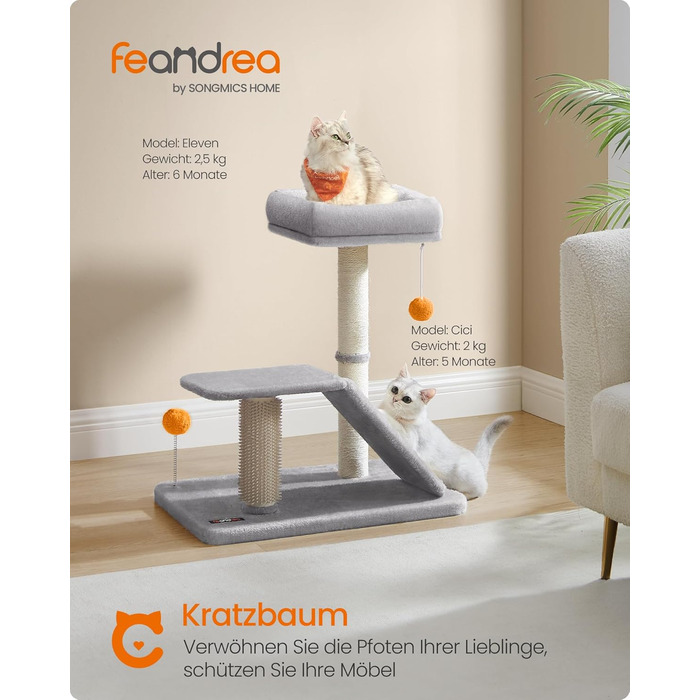 Feandrea Cat Tree with Lounging Area, Multifunctional Cat Tree with Platform, Swivel Ramp, Cat Brush, Plush Balls, Scratching Post, Small Cat Tree, 66.6 cm High, Light Grey PCA024G01
