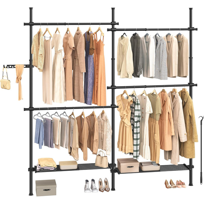 SONGMICS Telescopic Rod Clothes Rack, 3-Tier Wardrobe, Height and Width Adjustable, Open Clothes Closet with 2 Garment Rods and Removable Shelf, Grab Arm, HSR136B01 (Matte Black, 2 Rows (162B~238B) cm)