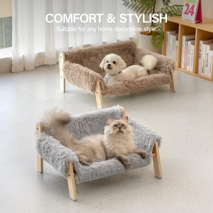 MEWOOFUN Elevated Cat Bed Sofa made of Wood, Sturdy Large Cat Sofa – Fashionable Cat Stool with Removable Mattress Cover, Holds up to 10 kg (56x45cm, Grey)