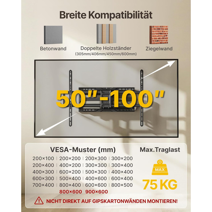 Настінне кріплення для телевізора monTEK 50-100 дюймів (до 75 кг), поворотне, з похилим кутом, з висувним подвійним кронштейном 638 мм, VESA 900x600