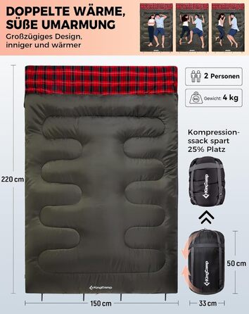 KingCamp 2-Person Sleeping Bag - Winter Warm Outdoor Sleeping Bag for Camping & Travel - 3-4 Season, Lightweight, with Flannel Pillows