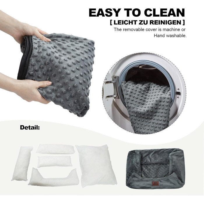 Dog Bed for Small and Medium Dogs 65x55x18cm, Washable Dog Cushions, Removable Cover, Dog Sofa Dog Basket with Raised Edges, Fluffy Cat Bed Dog Bed with Nubs, Dark Grey