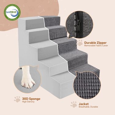 Sytopia dog stairs 40 cm high, 3 steps, dog stairs for bed, sofa for small dogs, pet stairs washable, foam stairs, for injured, older dogs (34cm height, Grey) (5 steps dog stairs (H:57CM), Flannel)