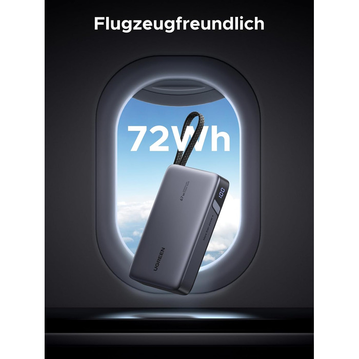 Повербанк UGREEN Nexode 20000mAh 67W з вбудованим кабелем USB-C, швидка зарядка HyperCharge та PD 65W для MacBook, iPad, iPhone, Xiaomi