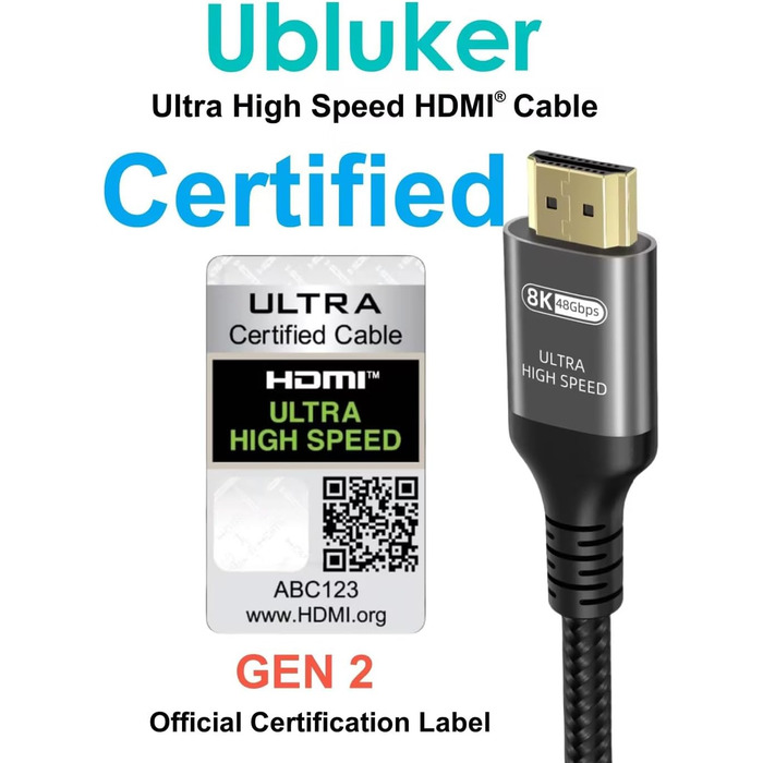 HDMI кабель Ubluker 48Gbps 2м, 8K 60Hz, 4K 240Hz, HDR10+, ARC, eARC, HDCP2.3, для PS5, Xbox, TV, PC, Roku, Netflix