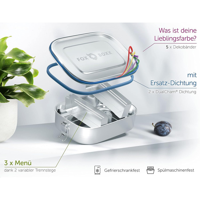 Stainless Steel Lunch Box Premium | Large 1200ml | 5 DEKO-colored rings + DualCham replacement seal = Leak-proof + 2 dividers = 3 compartments | Kids & Adults