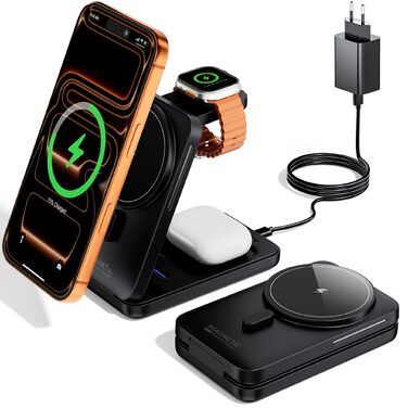 Magsafe зарядна станція 3-в-1 для Apple Watch та iPhone (чорна) – швидка зарядка, адаптер 20W
