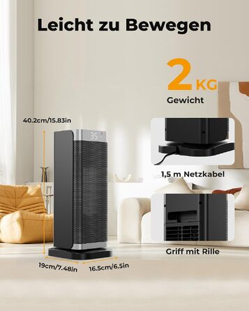 Керамічний обігрівач Fitabok 2000W з дистанційним керуванням, PTC-нагрівачем, таймером на 12г та ECO-режимом, поворот 70°, захист від перегріву та перекидання, чорний