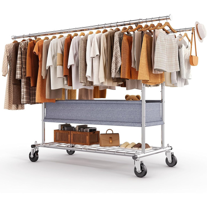 Вішалка для одягу HOKEEPER на коліщатках, вантажопідйомність 204 кг, висувна штанга для одягу