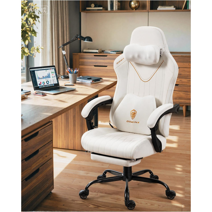 Ігровий крісло Dowinx з масажем, ергономічний дизайн, підтримка попереку та шиї, до 135 кг, шкіра, для дорослих (білий)