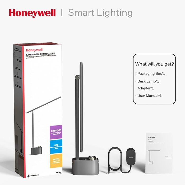 Лампа настільна Honeywell з USB-портом – регульована, для очей, для дому/офісу, складана, портативна, сіра, HWT-H01