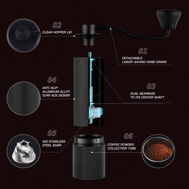 Manual Coffee Grinder with CNC Stainless Steel Burr for Espresso, Travel, Camping, Kitchen & Office, Small Hand Coffee Grinder Manual (Black)