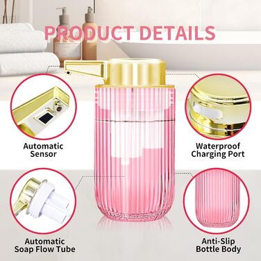 Автоматичний безконтактний диспенсер для мила на 300 мл з рожевого скла, перезаряджуваний, без дотиків, з електричним сенсором, для дому та офісу