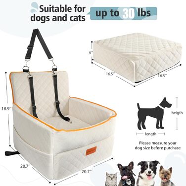 Washable Dog Car Seat for Small to Medium Dogs with Leash & Storage Pockets - Elevated Dog Bed for Back or Front Seat